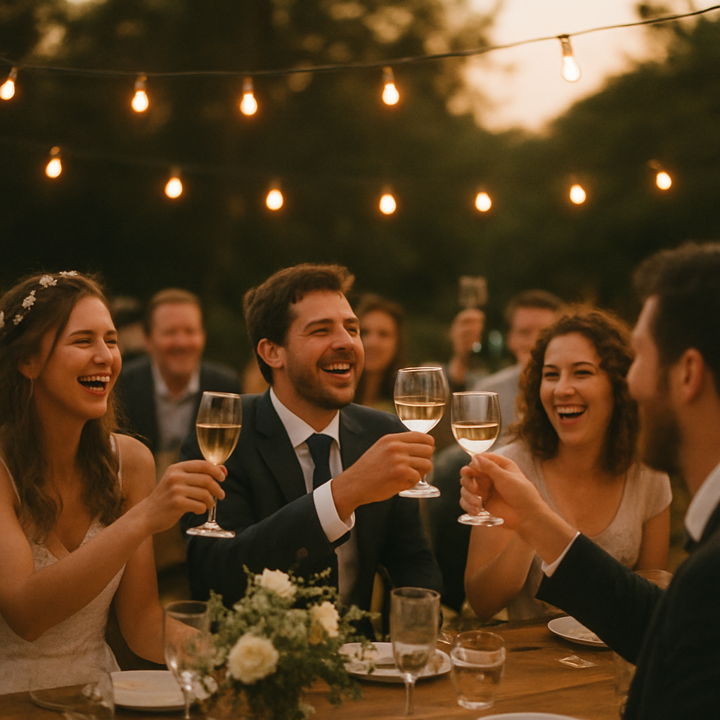 Guests celebrating at an outdoor wedding reception at golden hour